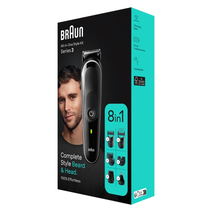 Braun 8-in-1 Style Kit 3 MGK3440 beard, hair. With 80min runtime, pouch, grey